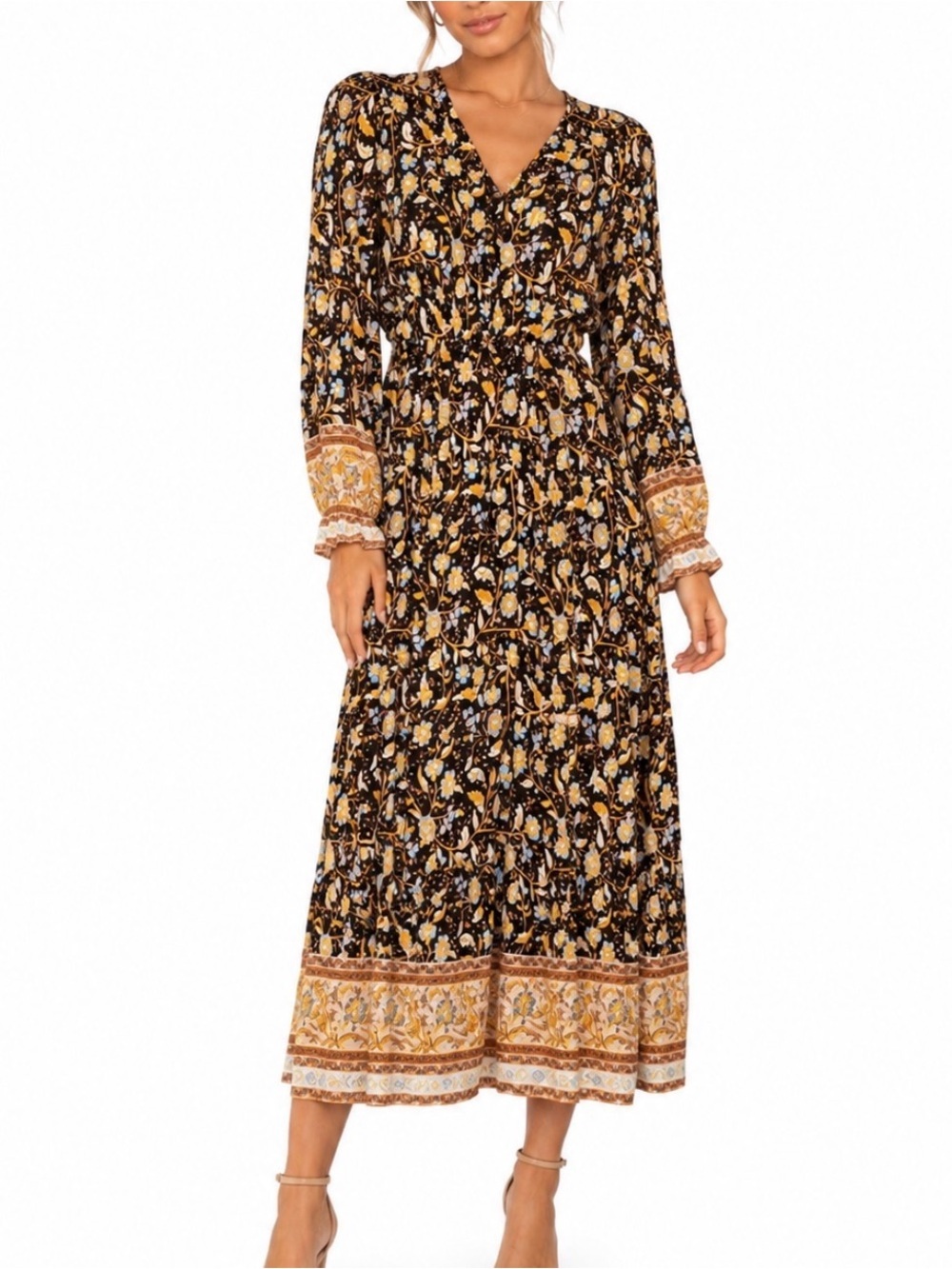 Pretty Garden Boho Floral Long Sleeve Maxi Dress - Black & Yellow Festival SZ MD